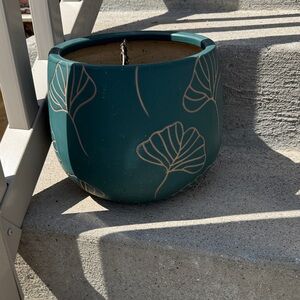 Teal Ceramic Planter with Gold Leaf Motif
